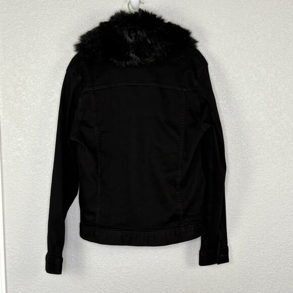 Rockstar Original Denim Jacket Faux Fur Spell Out Black Red Size M - Picture 2 of 8